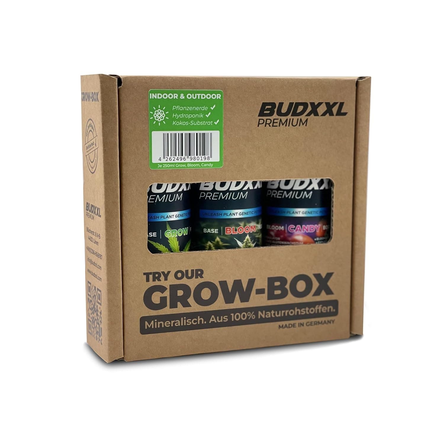 BUDXXL 3-in-1 Grow-Dünger-Set - Wachstum, Bloom, Blüte Booster - Made in Germany - Konzentrat mit Düngeschema, Mineralisch aus 100% Naturrohstoffen (3x 250ml Grow-Box)