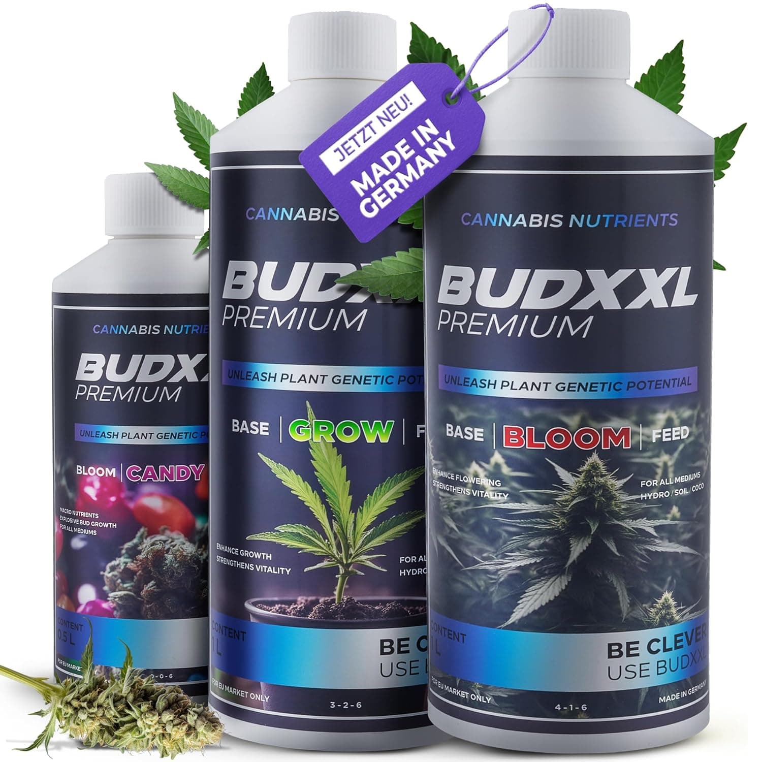 BUDXXL Dünger Set - Grow, Bloom, Blüte Booster - Made in Germany - Konzentrat mit Düngeschema, Growdünger für Wachstum und Blüte speziell für Cannabis, Ökologisch und vegan (2,5 Liter)