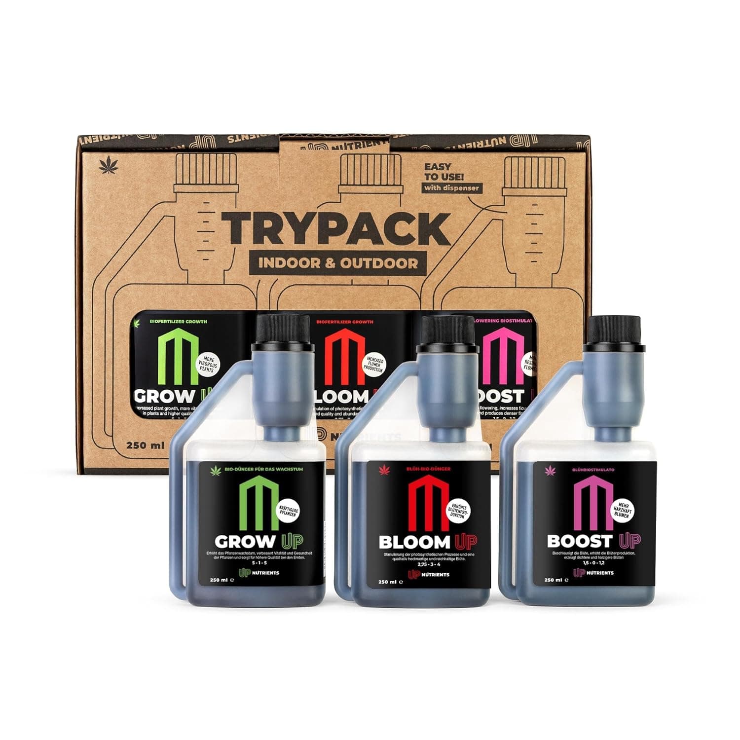 UP NUTRIENTS Trypack Dünger Grow, Bloom & Boost 250 ml | 100% Organischer Dünger für Innen- & Außenanbau | Bewurzelung, Wachstum und Blütendichte | Blüten- und Pflanzenstimulator