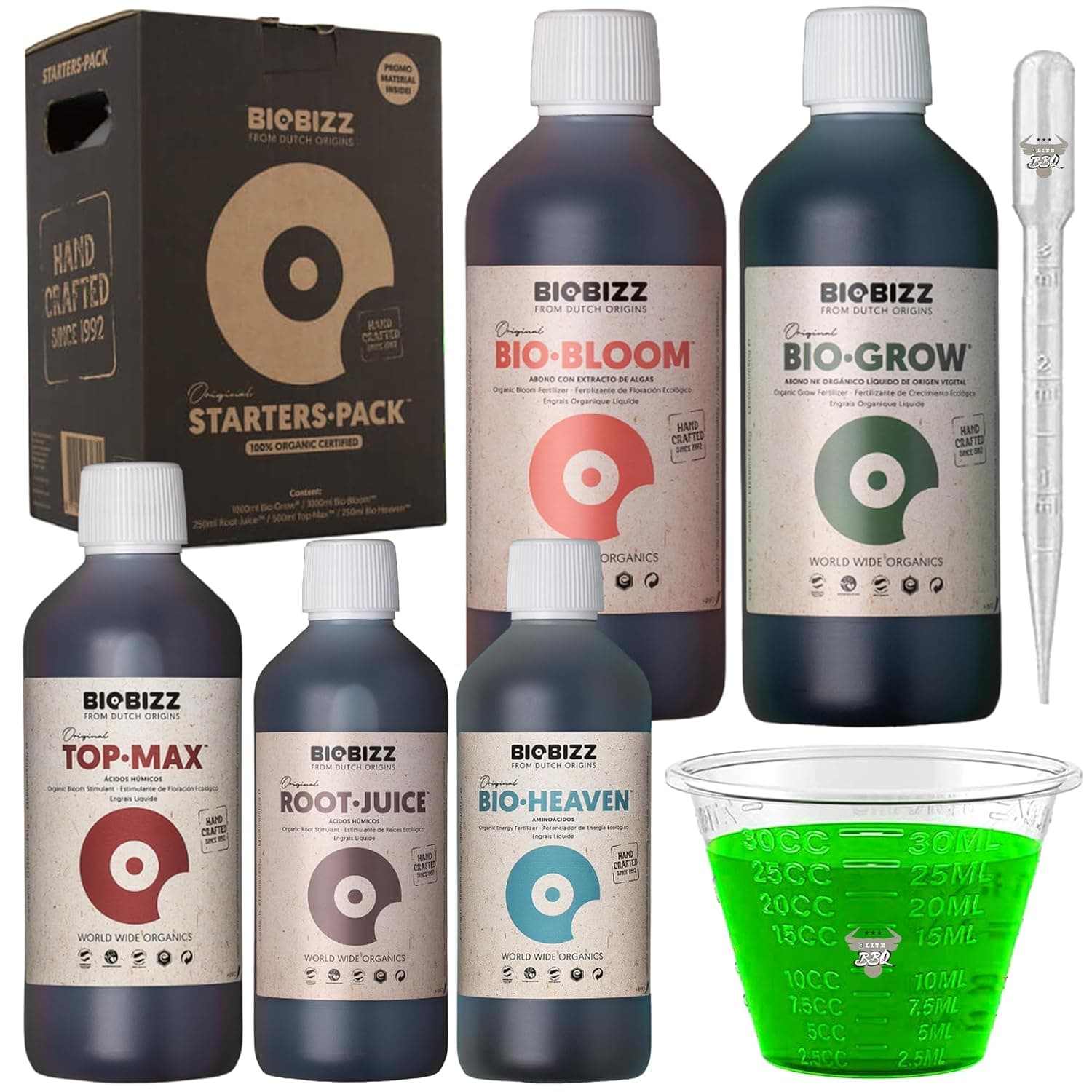 Biobizz Starters Pack, Komplettset mit 5 organischen Düngern mit Pipette und Messbecher, für gesundes Wachstum sowie üppige Blüte